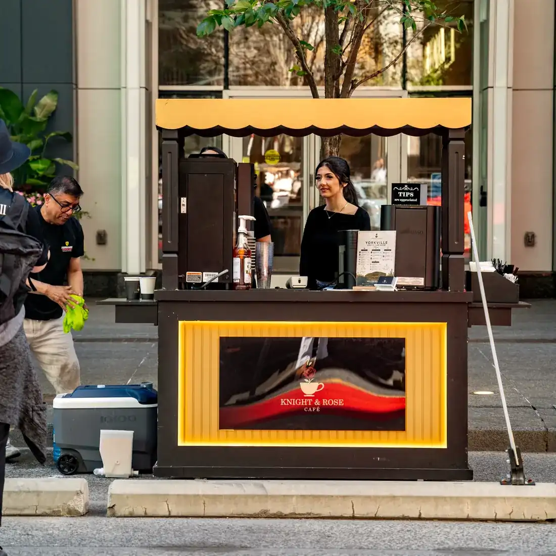 The Knight & Rose mobile café cart set up on a city street for an event.