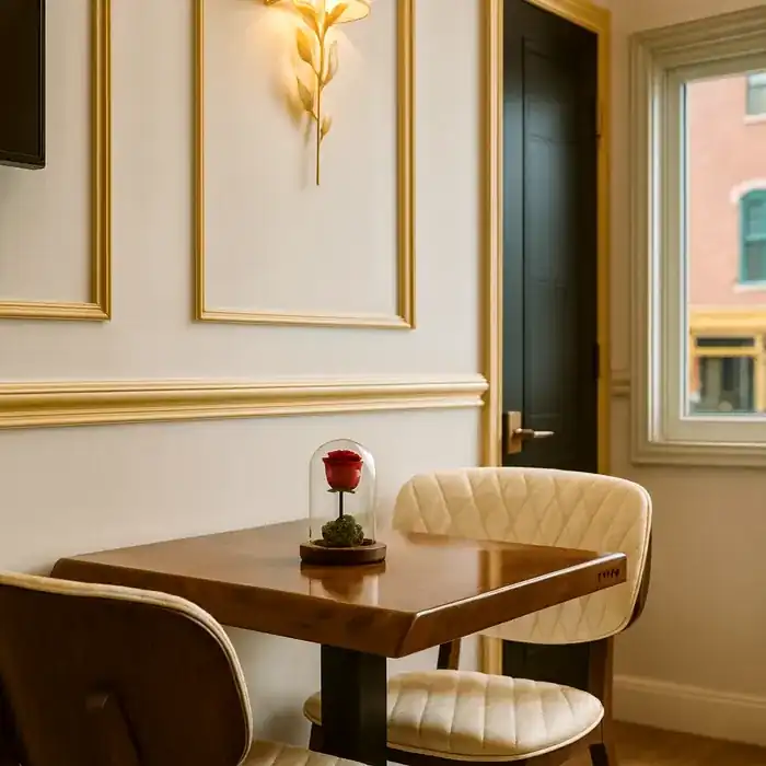 A walnut table at Knight & Rose Café, set with a preserved rose under glass.
